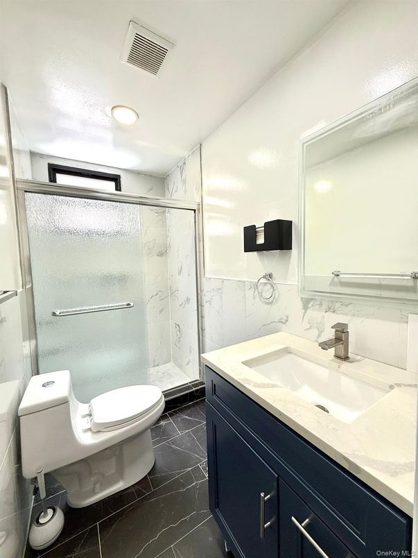 Bathroom, Glass Shower, Interior, Marble, Marble Walls, Recessed Lighting