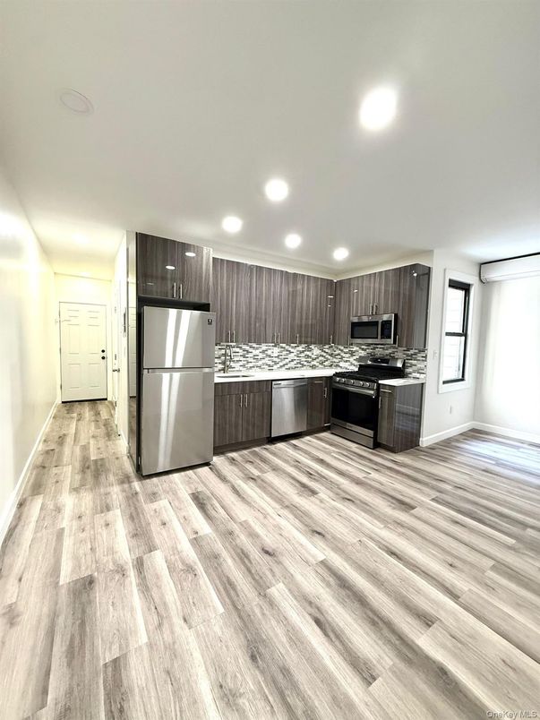 Interior, Kitchen, Recessed Lighting, Stainless Steel Appliances, Wood Texture Flooring