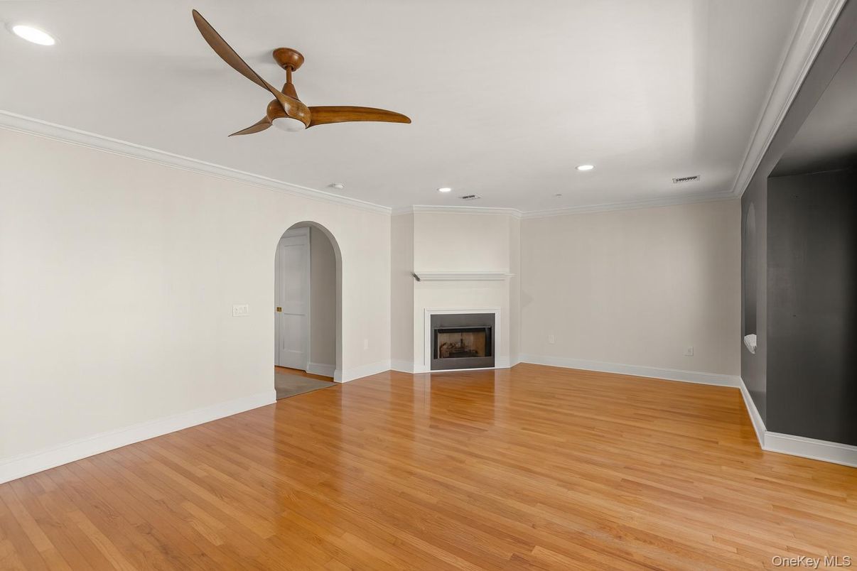 Empty room, Fireplace, Interior, Recessed Lighting, Wood Texture Flooring