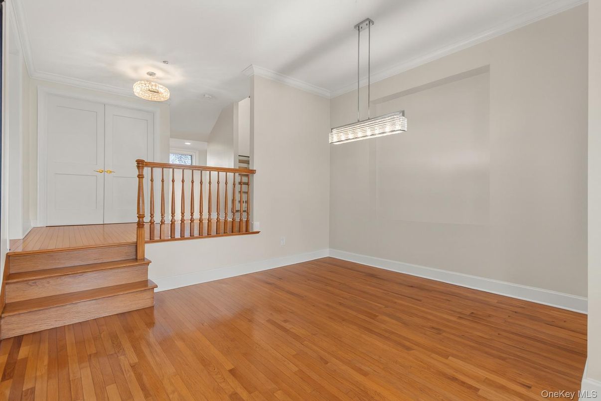 Chandelier, Empty room, Interior, Recessed Lighting, Wood Texture Flooring