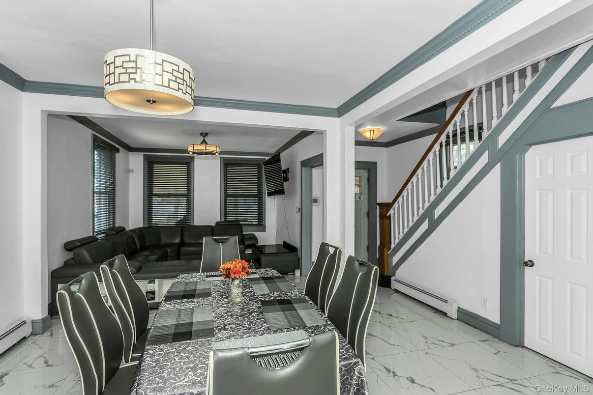 Dining room, Interior, Living room, Marble, Pendant Lights