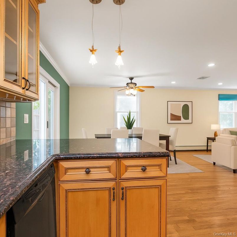 Dining room, Interior, Pendant Lights, Recessed Lighting, Wood Texture Flooring