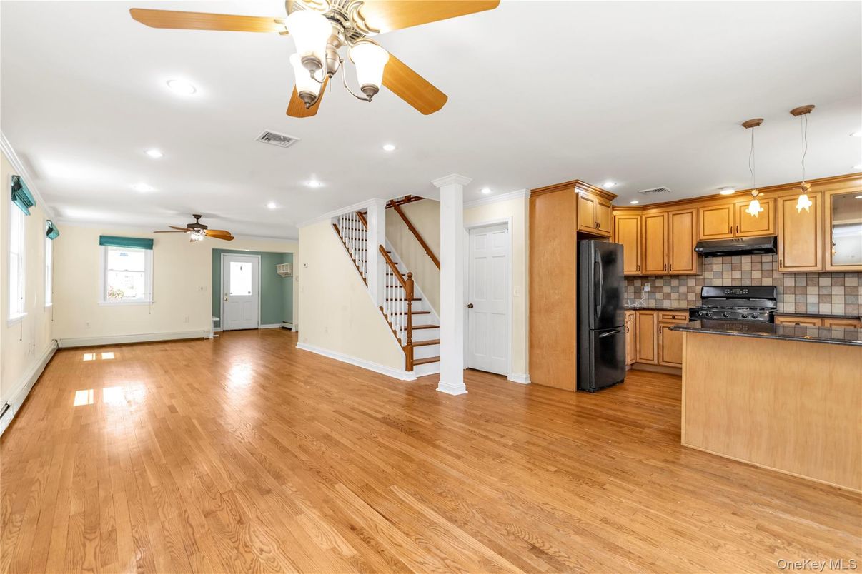 Interior, Kitchen, Pendant Lights, Recessed Lighting, Tile Countertops, Wood Texture Flooring