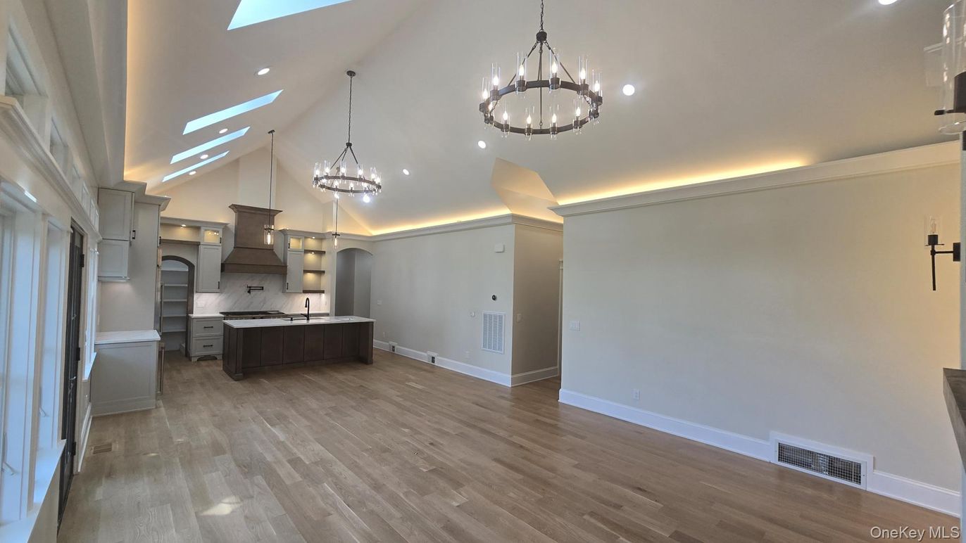 Chandelier, Interior, Kitchen, Pendant Lights, Recessed Lighting, Wood Texture Flooring