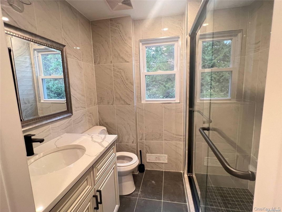 Bathroom, Glass Shower, Interior, Marble Walls, Recessed Lighting
