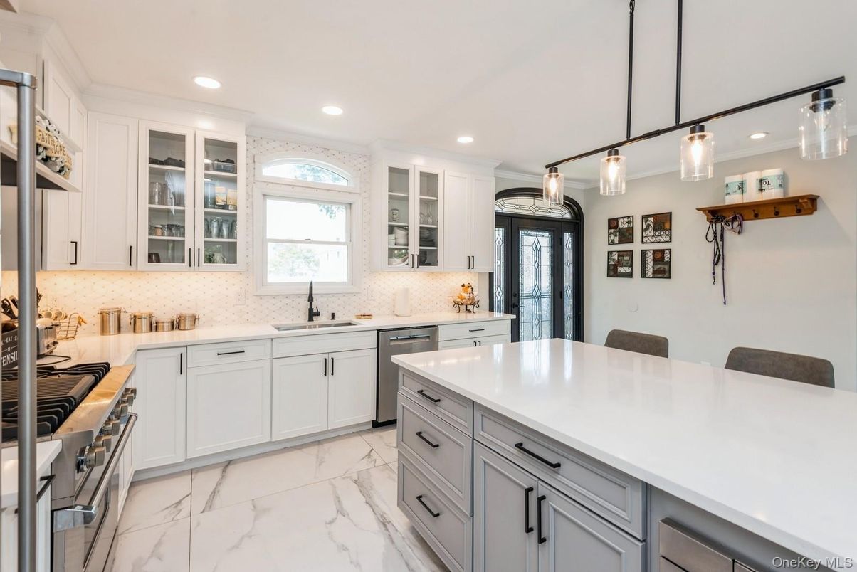 Interior, Kitchen, Marble, Pendant Lights, Recessed Lighting, Stainless Steel Appliances