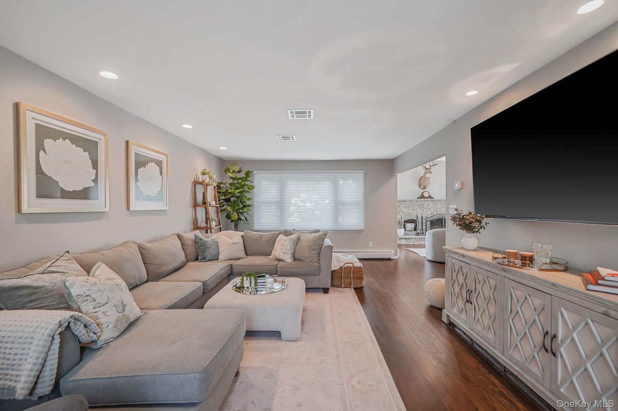 Fireplace, Interior, Living room, Recessed Lighting, Wood Texture Flooring