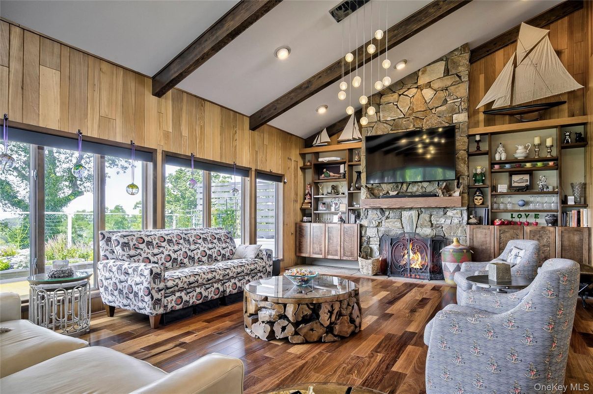 Fireplace, Interior, Living room, Pendant Lights, Recessed Lighting, Stone Walls, Wooden Beams, Wood Texture Flooring, Wooden Walls