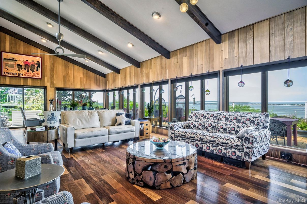 Interior, Living room, Recessed Lighting, Water, Wooden Beams, Wood Texture Flooring, Wooden Walls