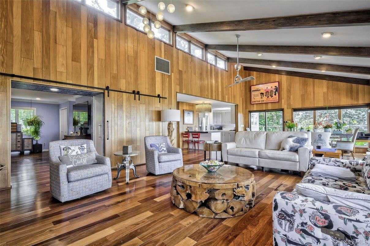 Interior, Living room, Recessed Lighting, Wooden Beams, Wood Texture Flooring, Wooden Walls