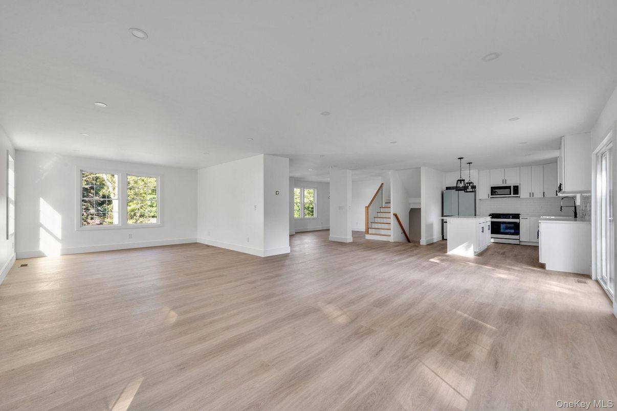Empty room, Interior, Kitchen, Pendant Lights, Recessed Lighting, Wood Texture Flooring