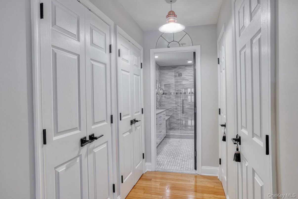Bathroom, Glass Shower, Interior, Recessed Lighting, Wood Texture Flooring