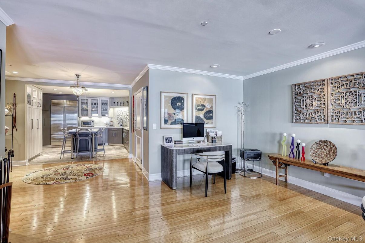 Chandelier, Home Office, Interior, Kitchen, Recessed Lighting, Wood Texture Flooring