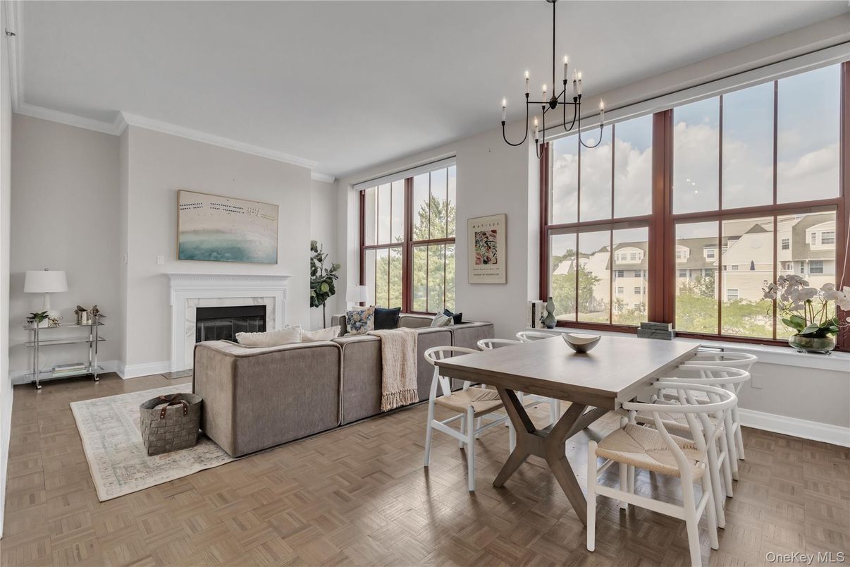 Dining room, Fireplace, Interior, Living room, Pendant Lights, Wood Texture Flooring