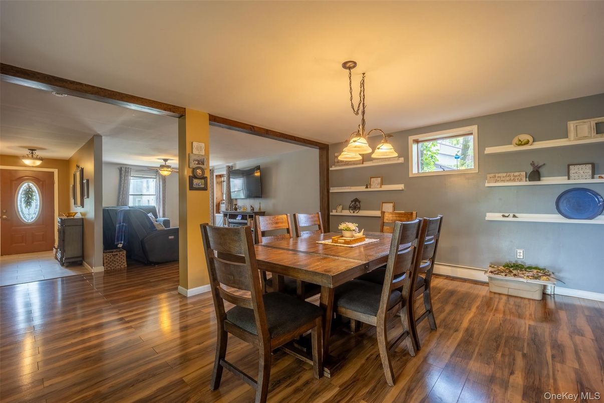 Dining room, Interior, Pendant Lights, Wood Texture Flooring