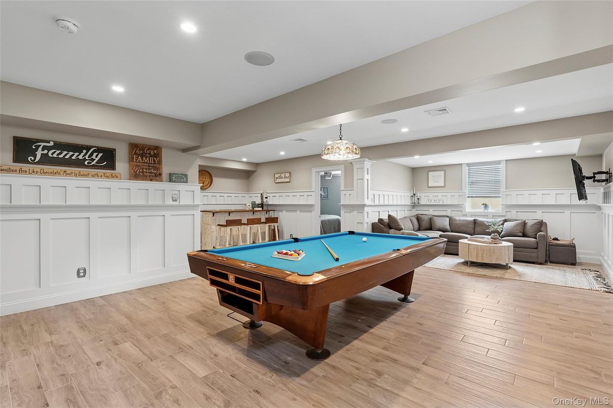 Billiard Table, Chandelier, Game Room, Interior, Living room, Recessed Lighting, Wood Texture Flooring