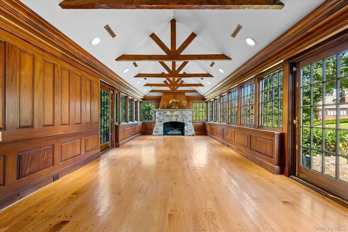 Fireplace, Interior, Recessed Lighting, Wooden Beams, Wood Texture Flooring