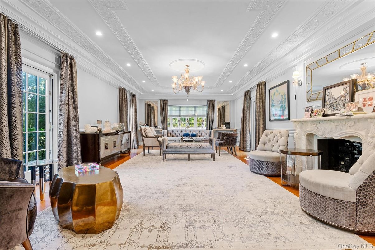 Chandelier, Fireplace, Interior, Living room, Recessed Lighting, Wood Texture Flooring