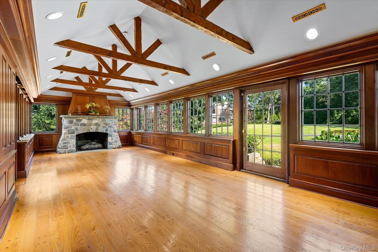 Fireplace, Interior, Recessed Lighting, Wooden Beams, Wood Texture Flooring