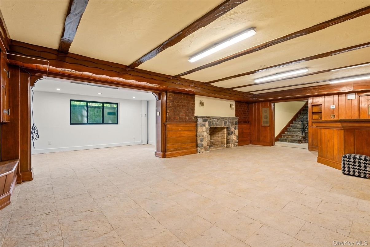Empty room, Fireplace, Interior, Recessed Lighting, Wooden Walls