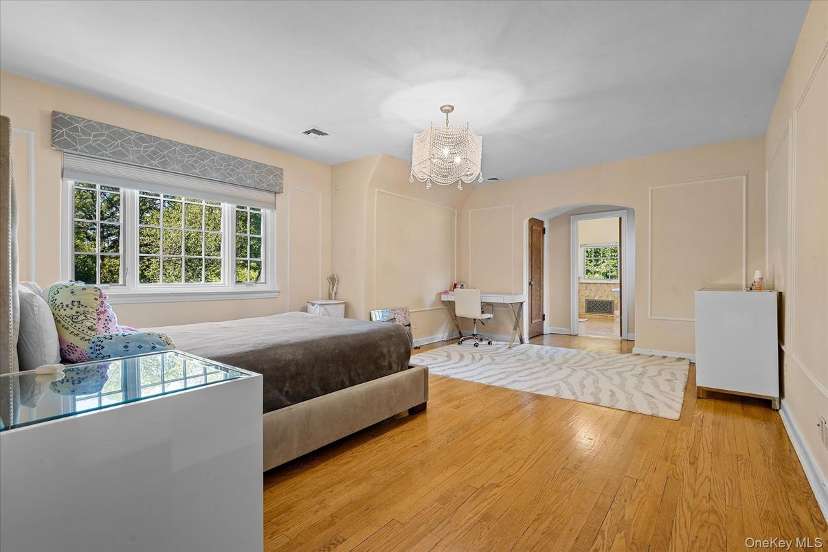 Bedroom, Chandelier, Interior, Wood Texture Flooring