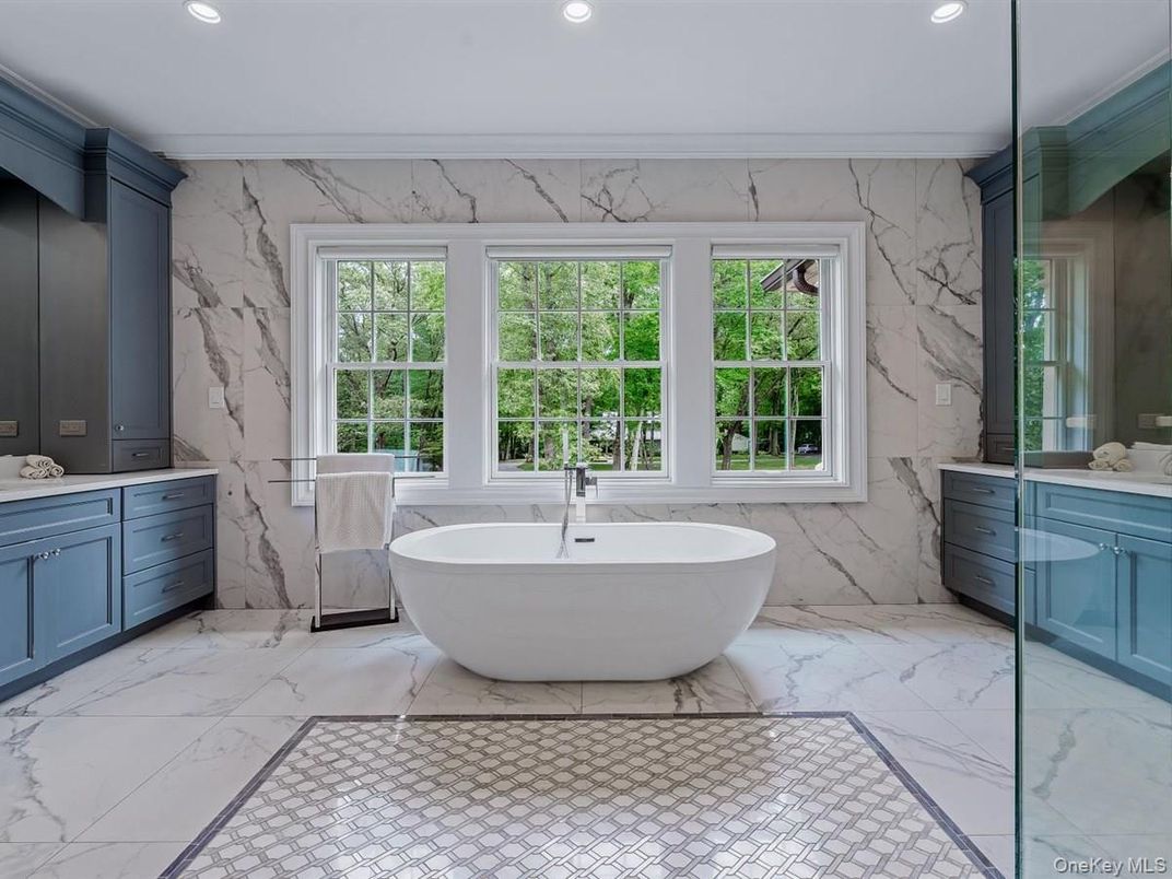 Bathroom, Free Standing Baths, Interior, Marble, Marble Walls, Recessed Lighting