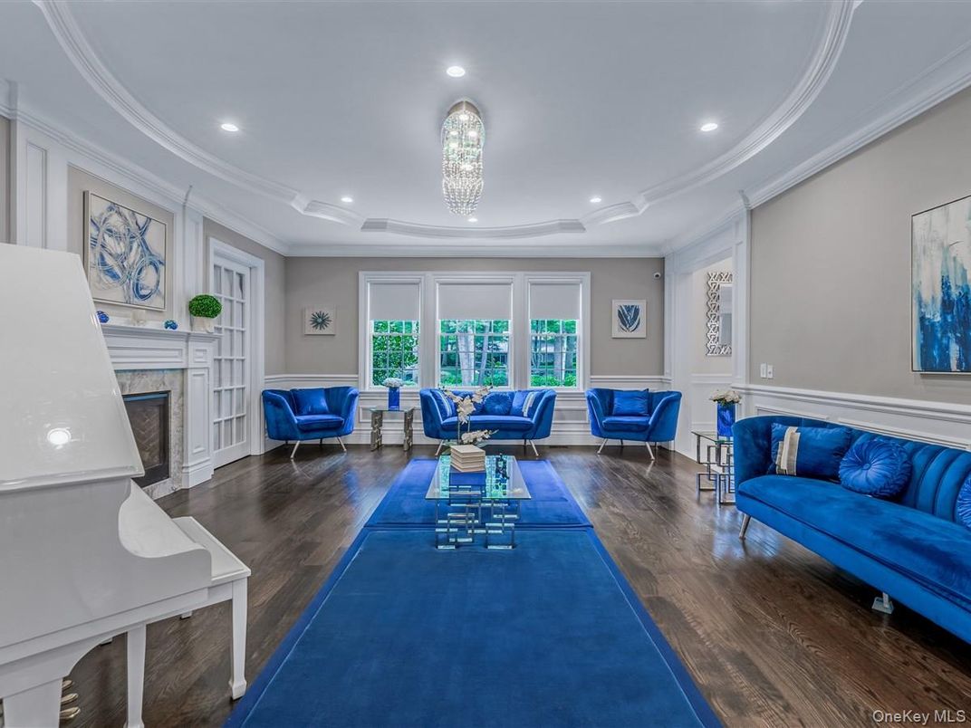Chandelier, Fireplace, Interior, Living room, Recessed Lighting, Wood Texture Flooring