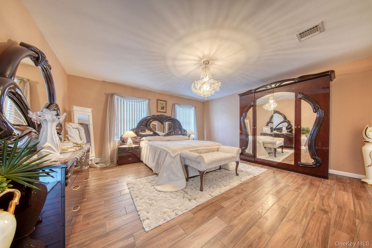 Bedroom, Chandelier, Interior, Wood Texture Flooring