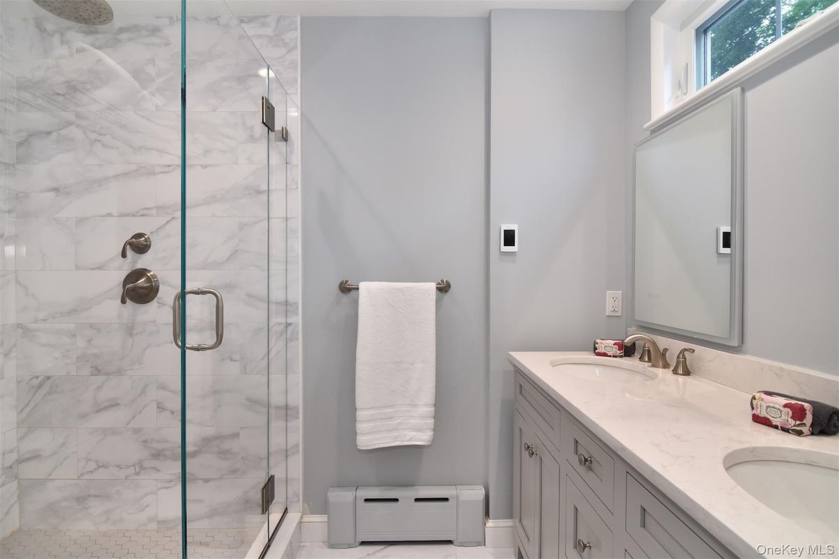 Bathroom, Dual Sink Vanities, Glass Shower, Interior, Marble, Marble Walls