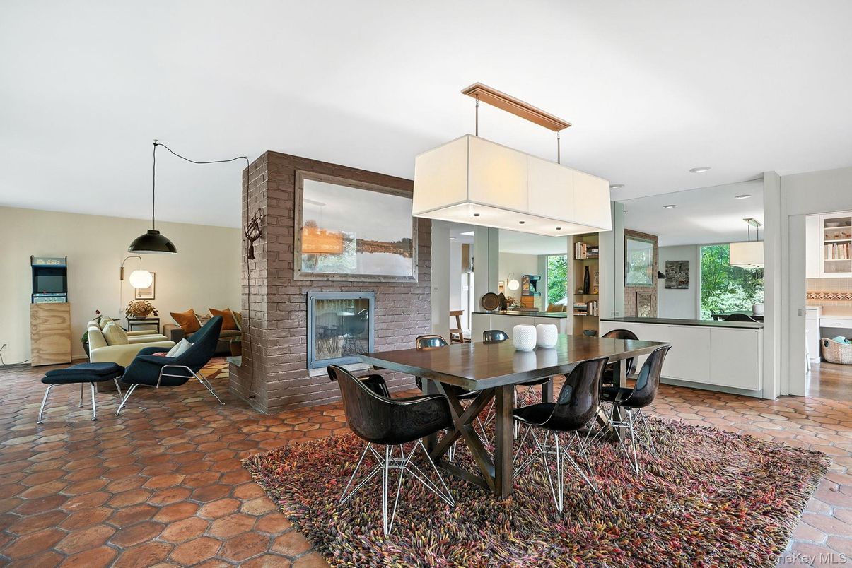 Dining room, Fireplace, Interior, Pendant Lights, Recessed Lighting, Stone Walls