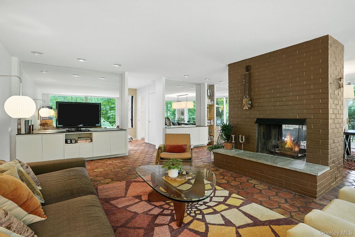 Fireplace, Interior, Living room, Recessed Lighting, Stone Walls