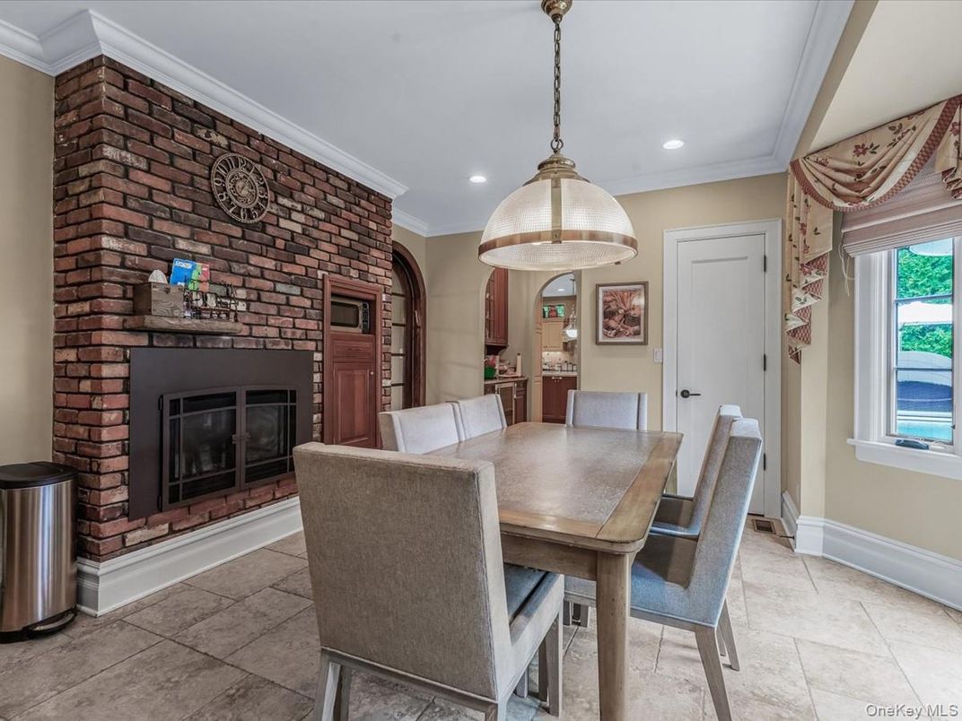 Dining room, Fireplace, Interior, Pendant Lights, Recessed Lighting, Stone Walls