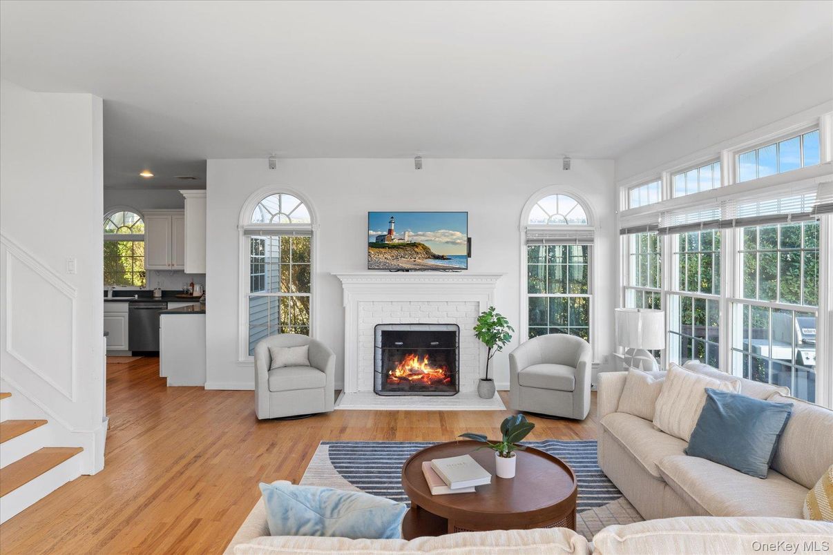 Fireplace, Interior, Kitchen, Living room, Recessed Lighting, Wood Texture Flooring