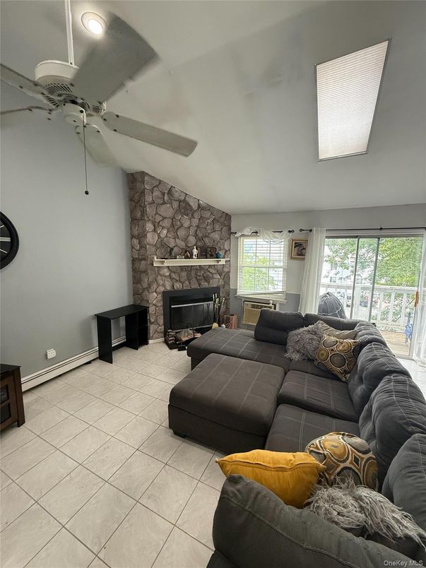 Fireplace, Interior, Living room, Recessed Lighting, Stone Walls