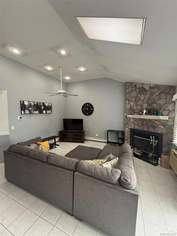 Fireplace, Interior, Living room, Recessed Lighting, Stone Walls