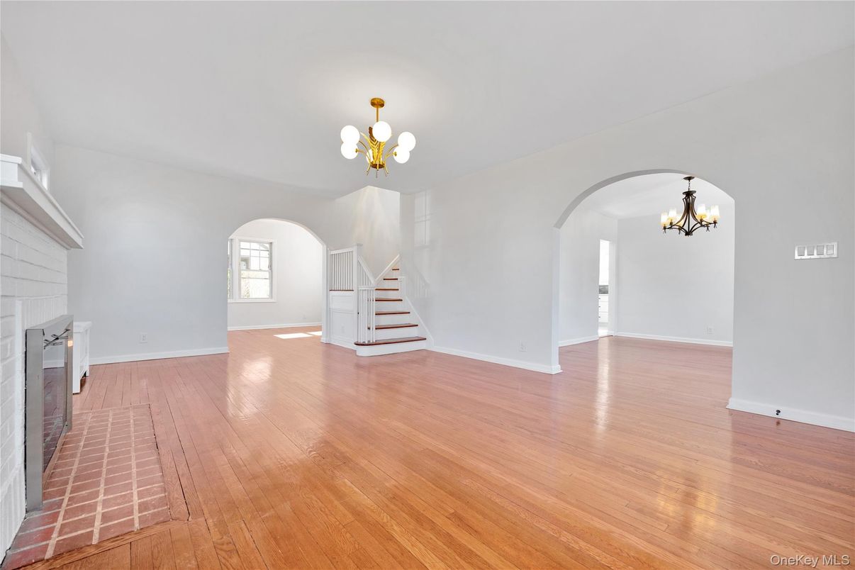 Chandelier, Empty room, Fireplace, Interior, Wood Texture Flooring