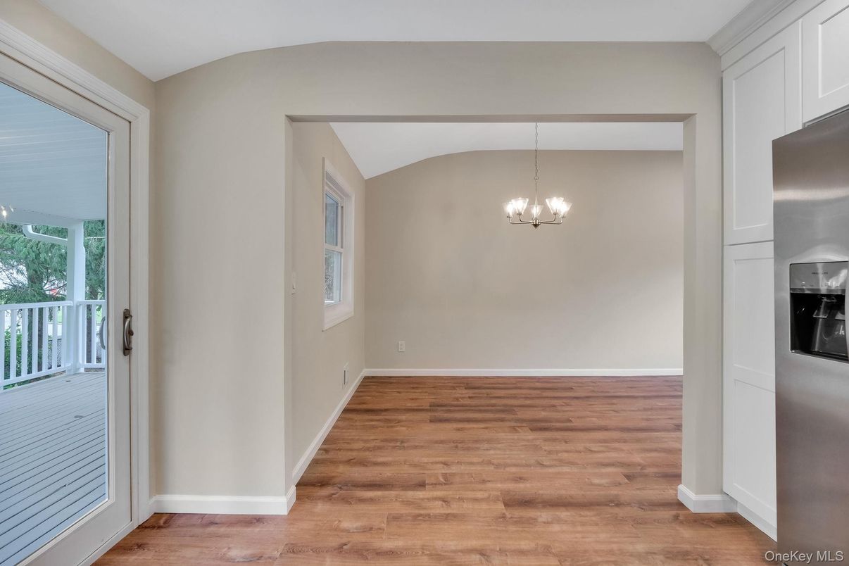 Chandelier, Empty room, Interior, Pendant Lights, Stainless Steel Appliances, Wood Texture Flooring