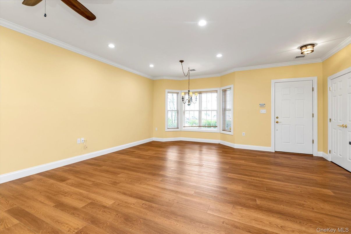 Chandelier, Empty room, Interior, Recessed Lighting, Wood Texture Flooring