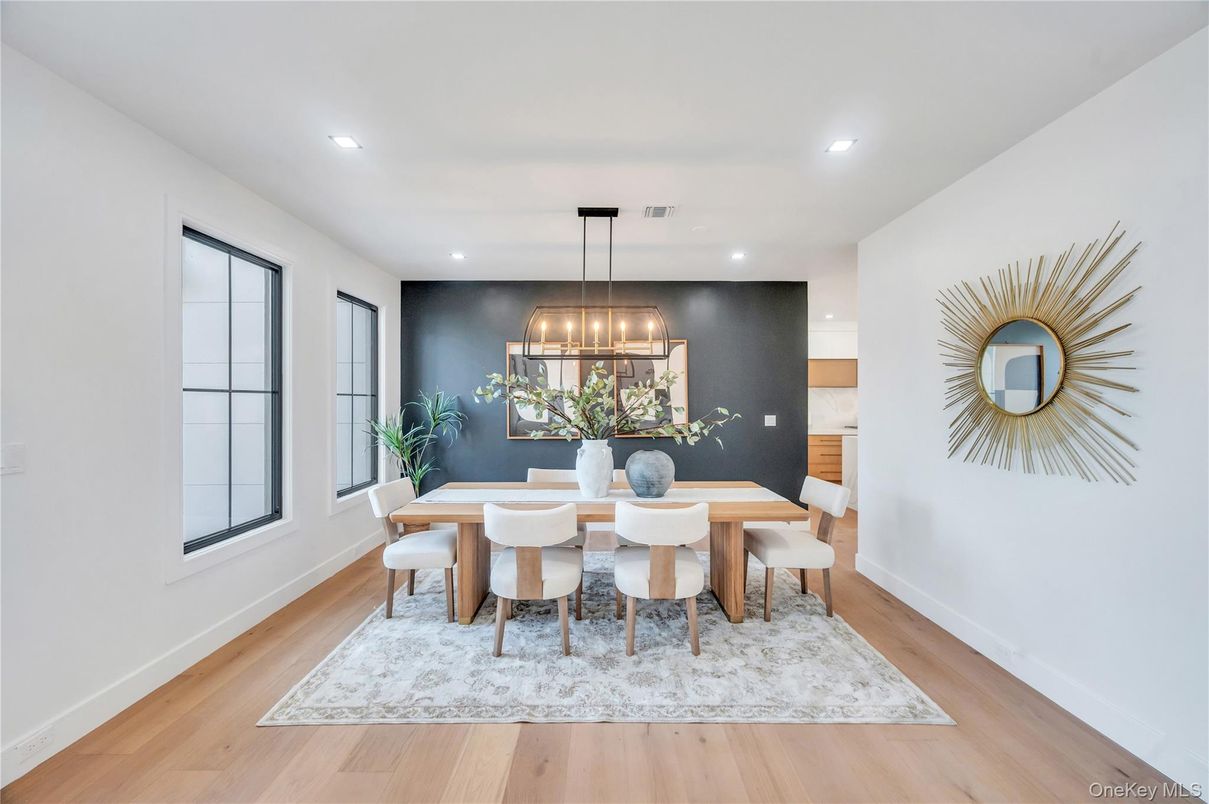 Dining room, Interior, Pendant Lights, Recessed Lighting, Wood Texture Flooring