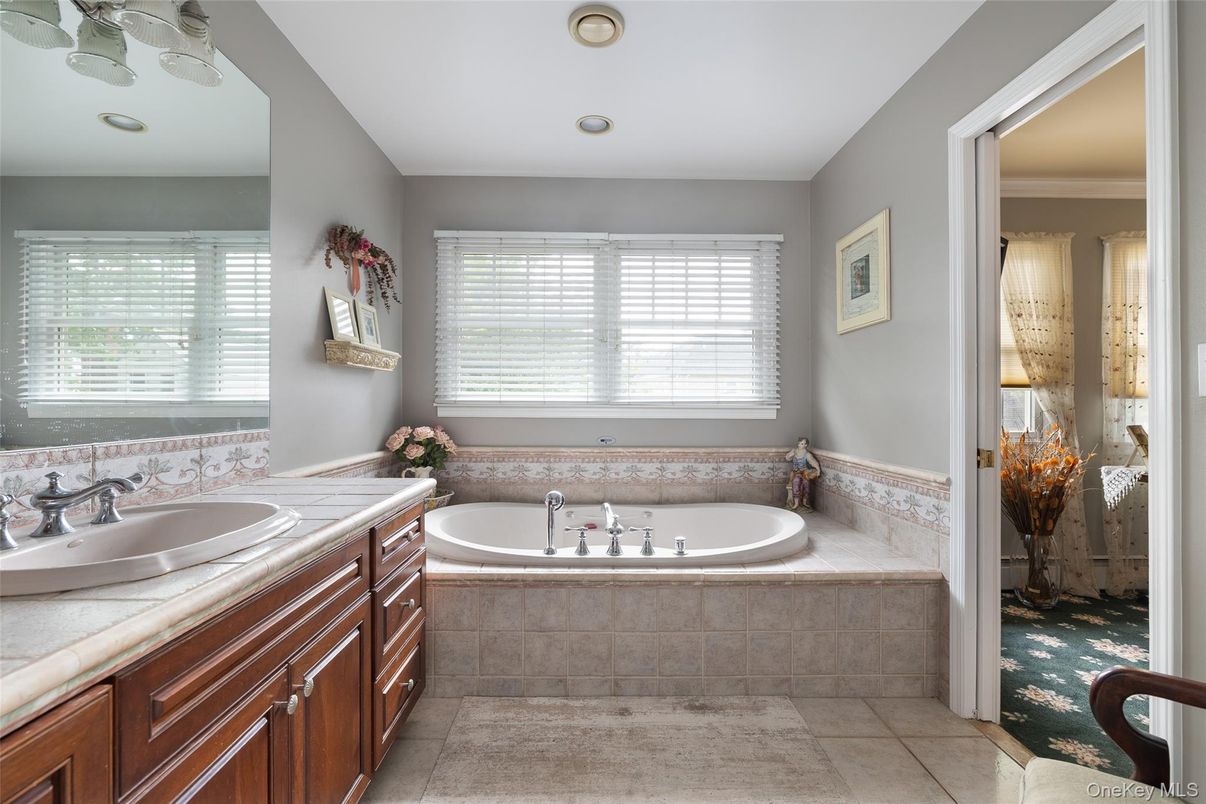 Bathroom, Dual Sink Vanities, Interior, Recessed Lighting, Tile Countertops