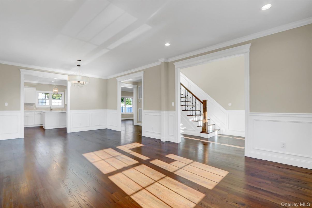 Chandelier, Empty room, Interior, Recessed Lighting, Wood Texture Flooring