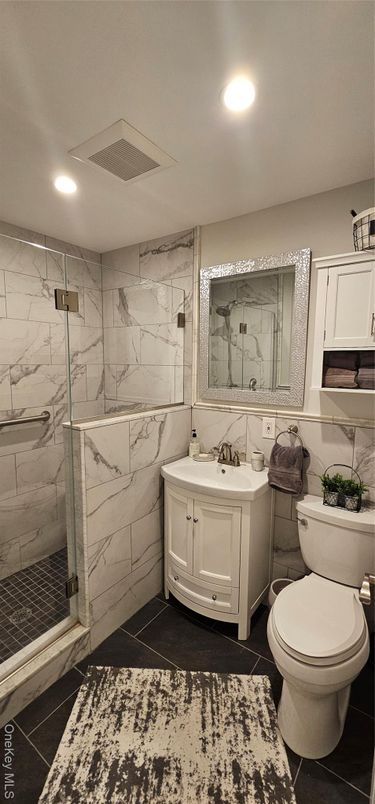 Bathroom, Glass Shower, Interior, Marble Walls, Recessed Lighting