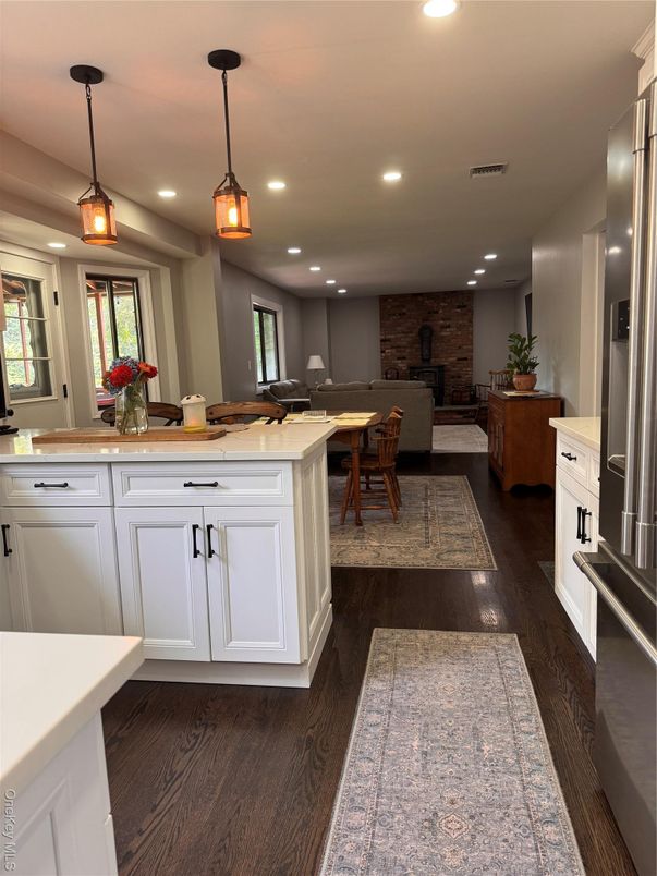 Dining room, Interior, Kitchen, Pendant Lights, Recessed Lighting, Stone Walls, Wood Texture Flooring