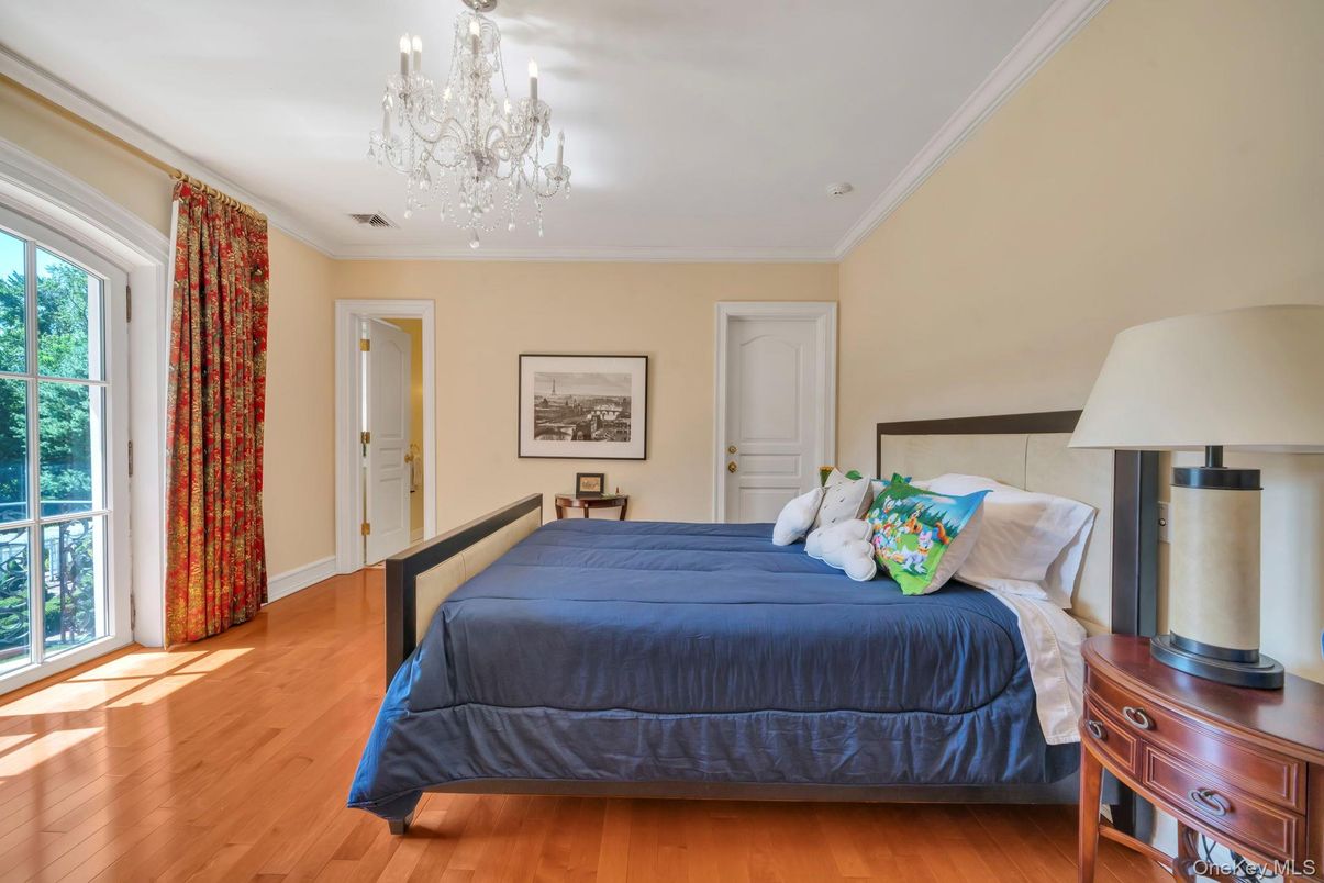 Bedroom, Chandelier, Interior, Wood Texture Flooring