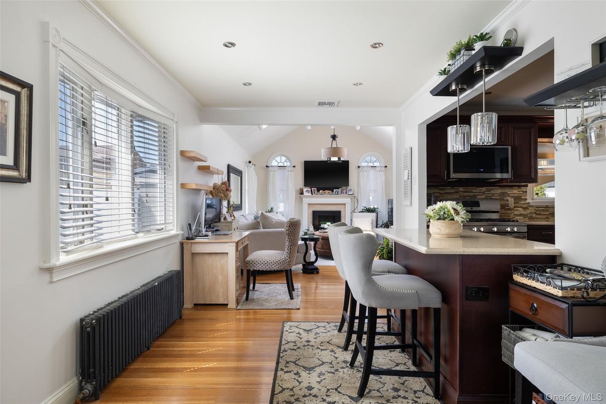 Fireplace, Interior, Kitchen, Living room, Pendant Lights, Recessed Lighting, Wood Texture Flooring
