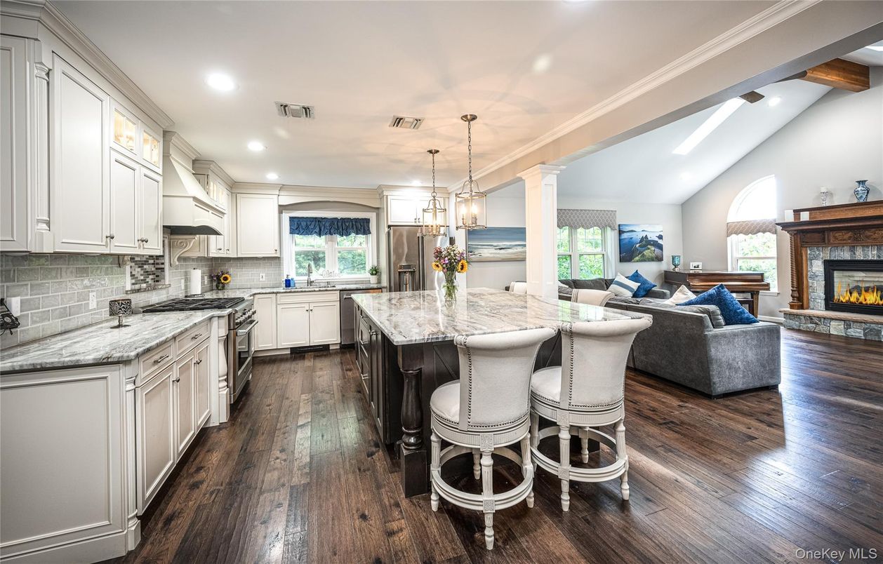 Fireplace, Interior, Kitchen, Living room, Pendant Lights, Recessed Lighting, Wooden Beams, Wood Texture Flooring
