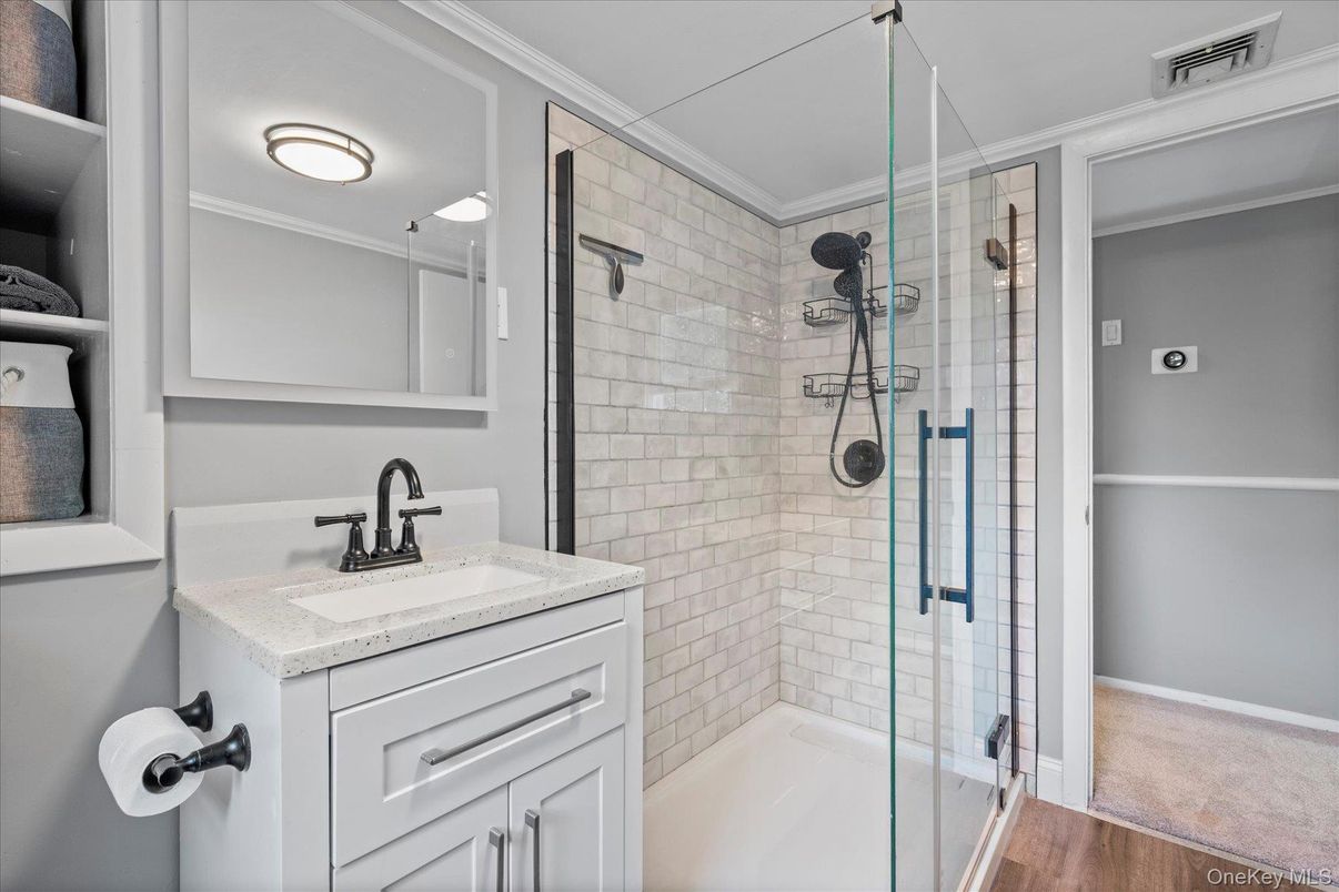 Bathroom, Glass Shower, Interior, Wood Texture Flooring