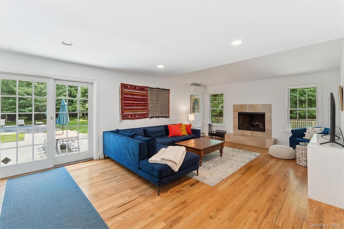 Fireplace, Interior, Living room, Recessed Lighting, Wood Texture Flooring