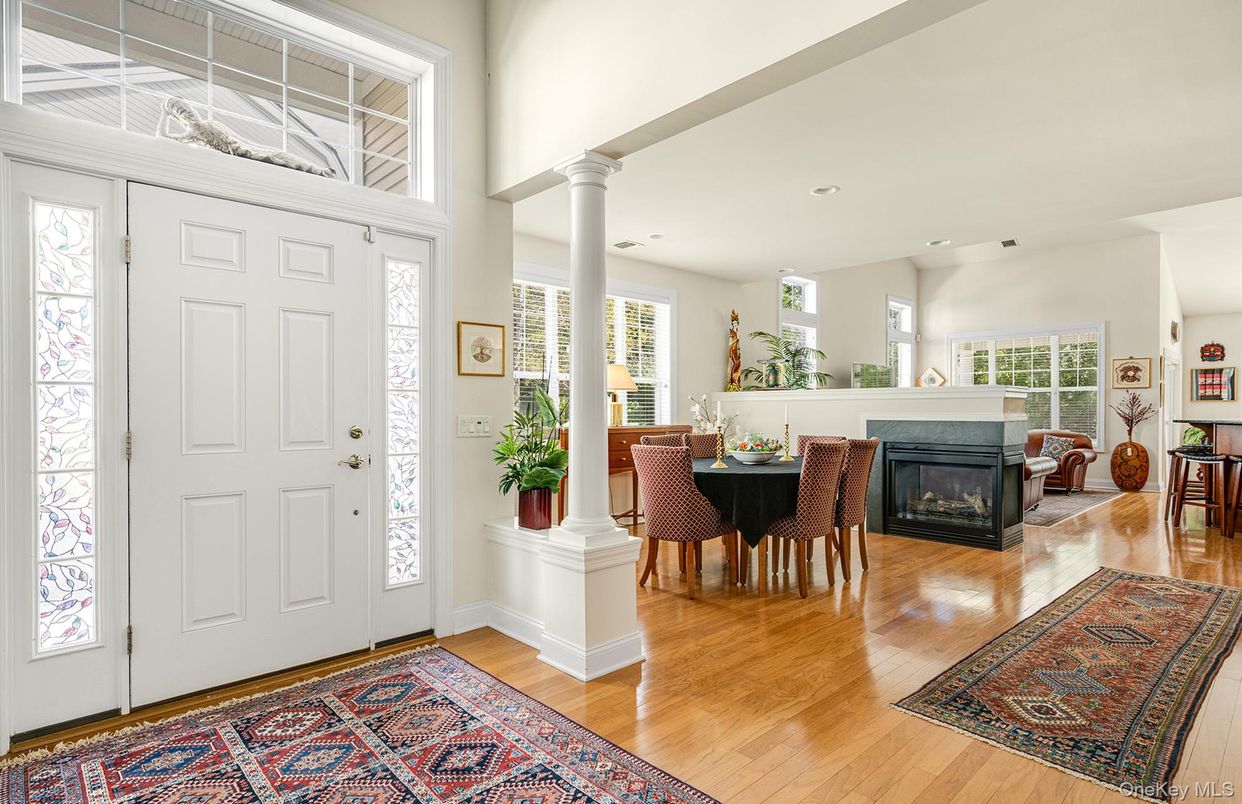 Dining room, Fireplace, Interior, Recessed Lighting, Wood Texture Flooring
