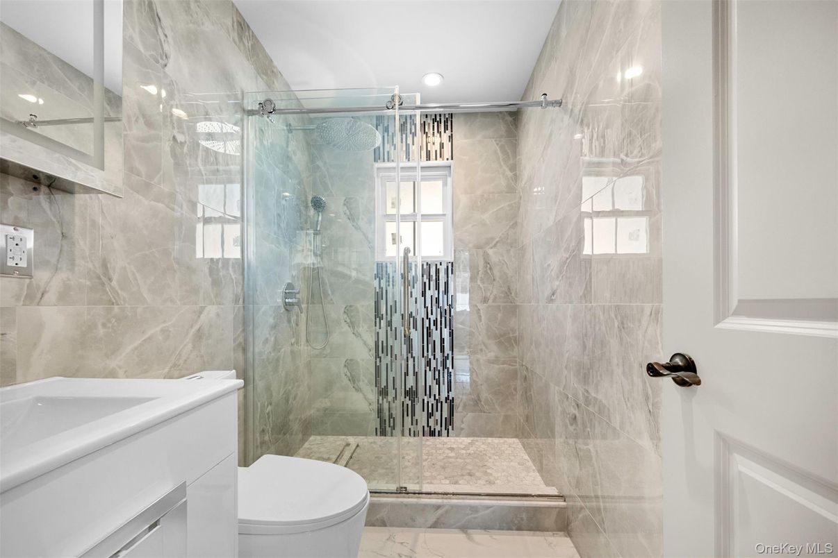 Bathroom, Glass Shower, Interior, Marble, Marble Walls, Recessed Lighting
